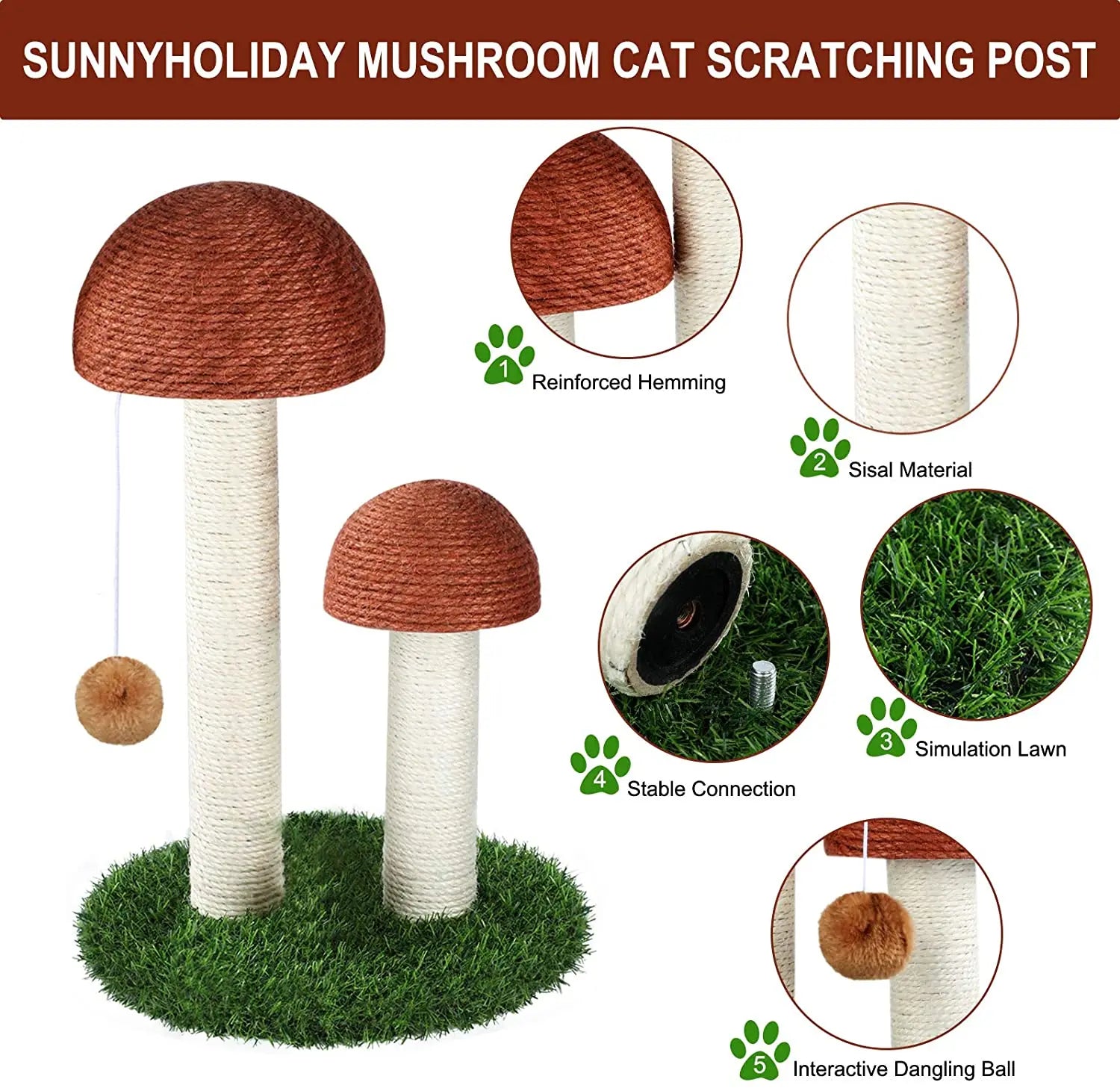 Cat Scratcher Mushroom Funny Kitten Double Scratching Sisal Posts Cat Training Toys for Kittens and Cats with Hanging Ball