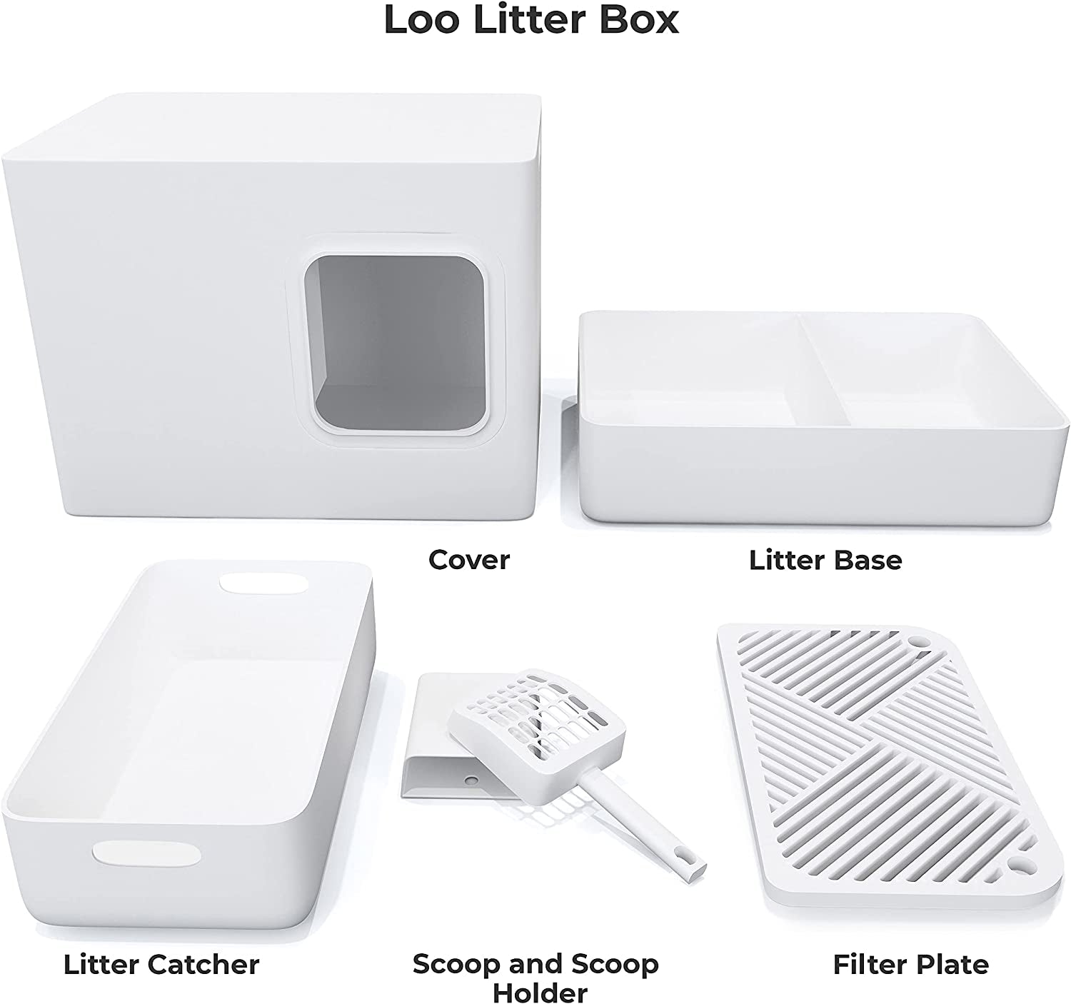 Meowy Studio Loo Modern Cat Litter Box - All in One Cover Litter Filter Plate Scoop and Holder, Aspen White