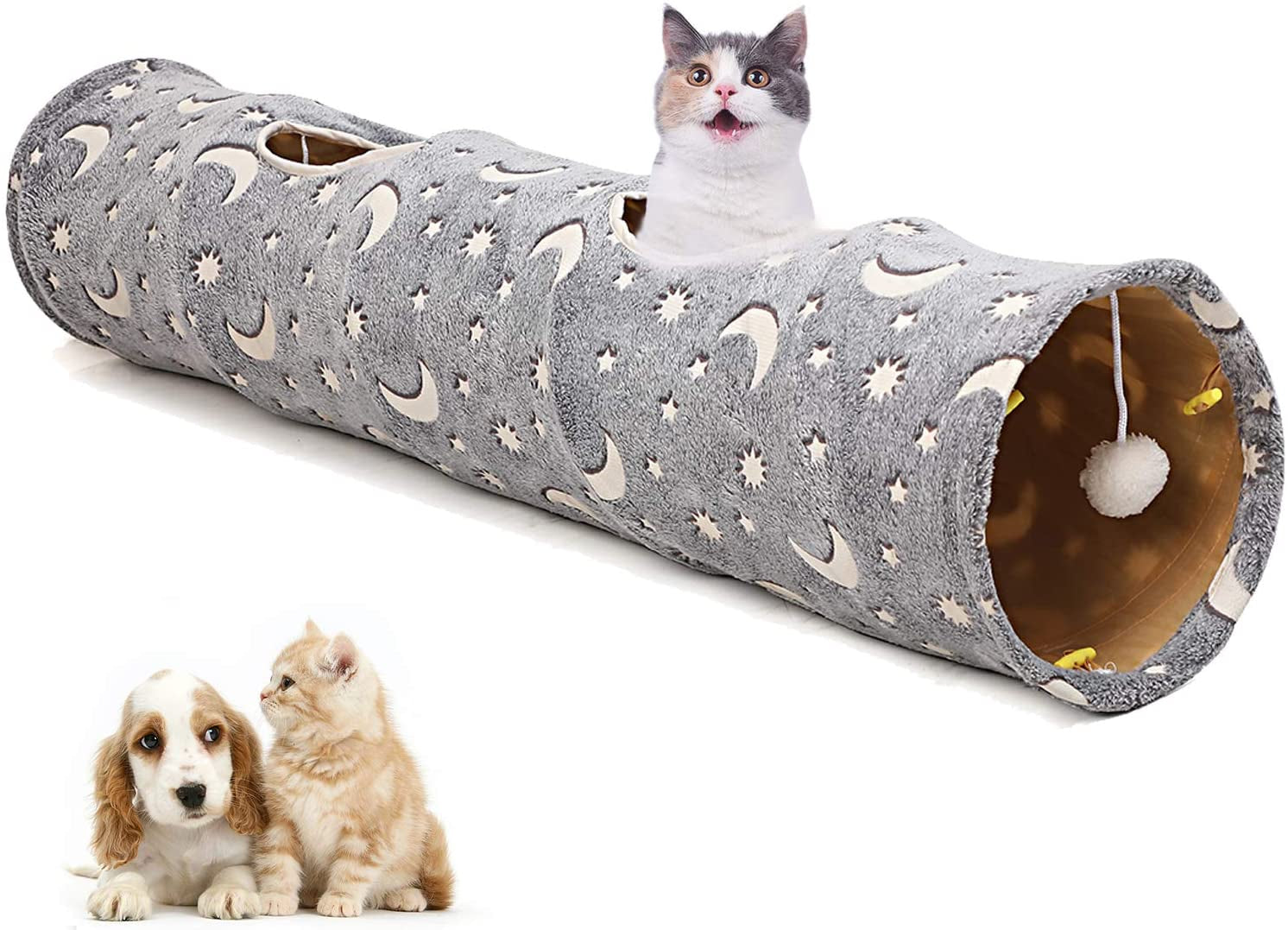 Cat Tunnel Tube with Plush Ball Toys Collapsible Self-Luminous Photoluminescence, for Small Animals Pets Bunny Rabbits, Kittens, Ferrets,Puppy and Dogs Grey Moon Star